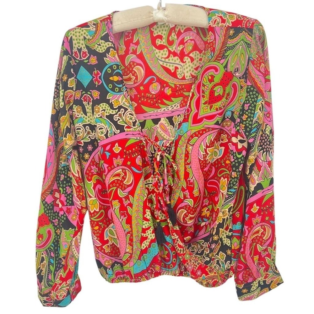 Boemo Women's Red Paisley V-Neck Blouse Long Sleeve LARGE Tie String - CJ